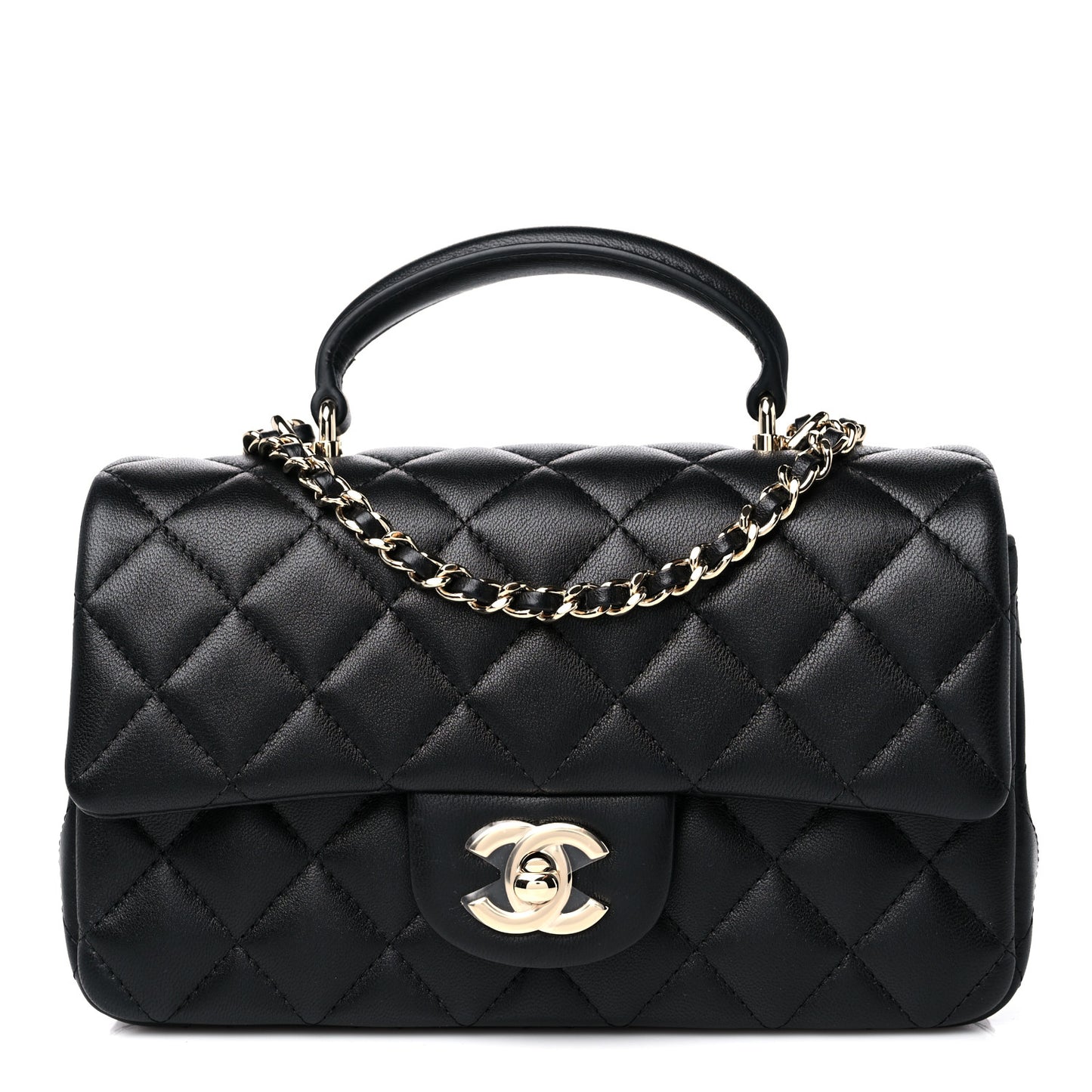 Lambskin Quilted Mini Top Handle Rectangular Flap Black