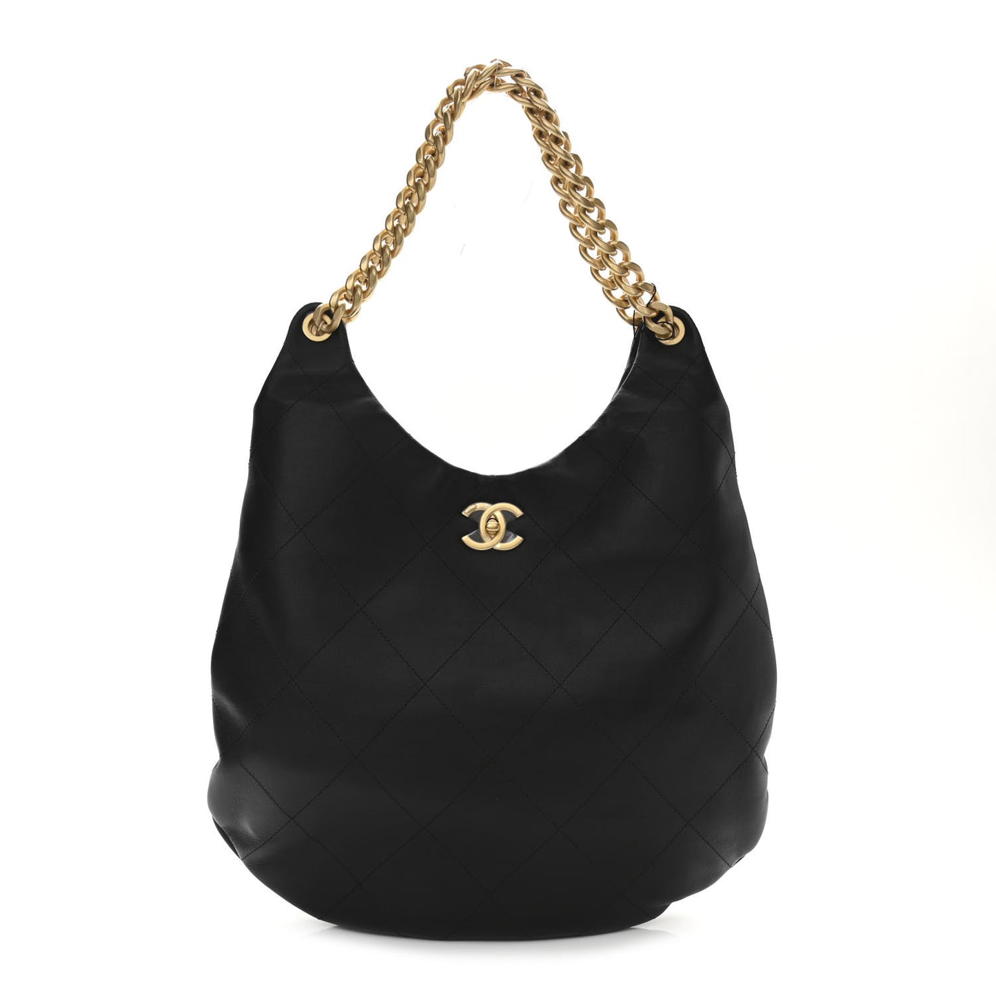 Calfskin Quilted Maxi Chain Hobo Black