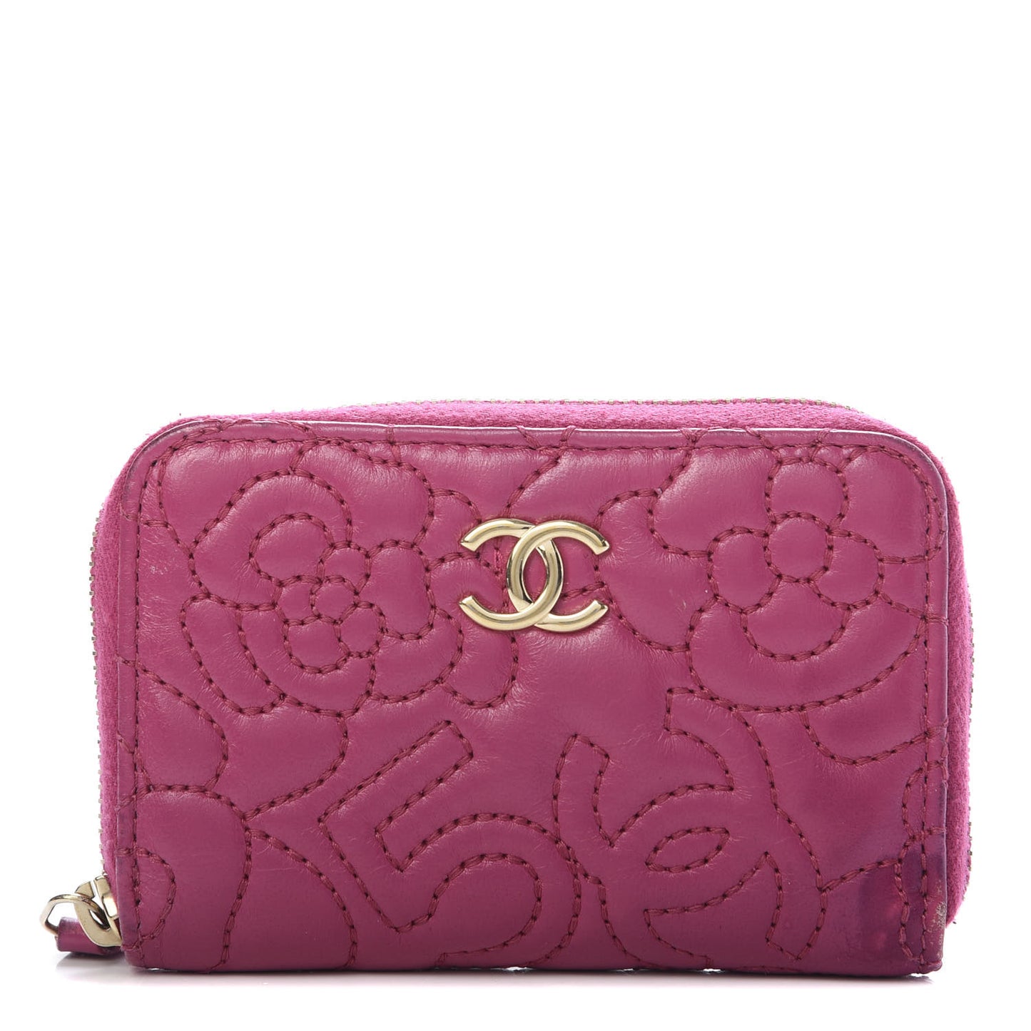 Lambskin Camellia Embossed Zip Coin Purse Fuchsia