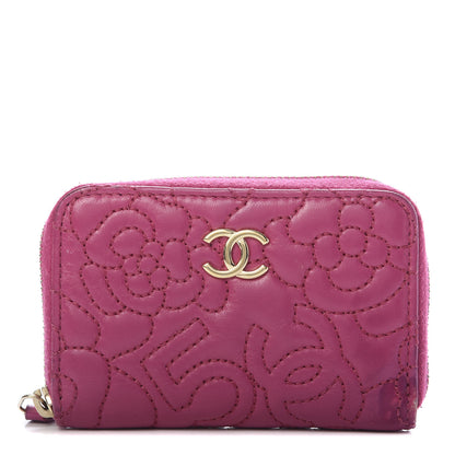 Chanel Lambskin Camellia Embossed Zip Coin Purse Fuchsia 1 of 12