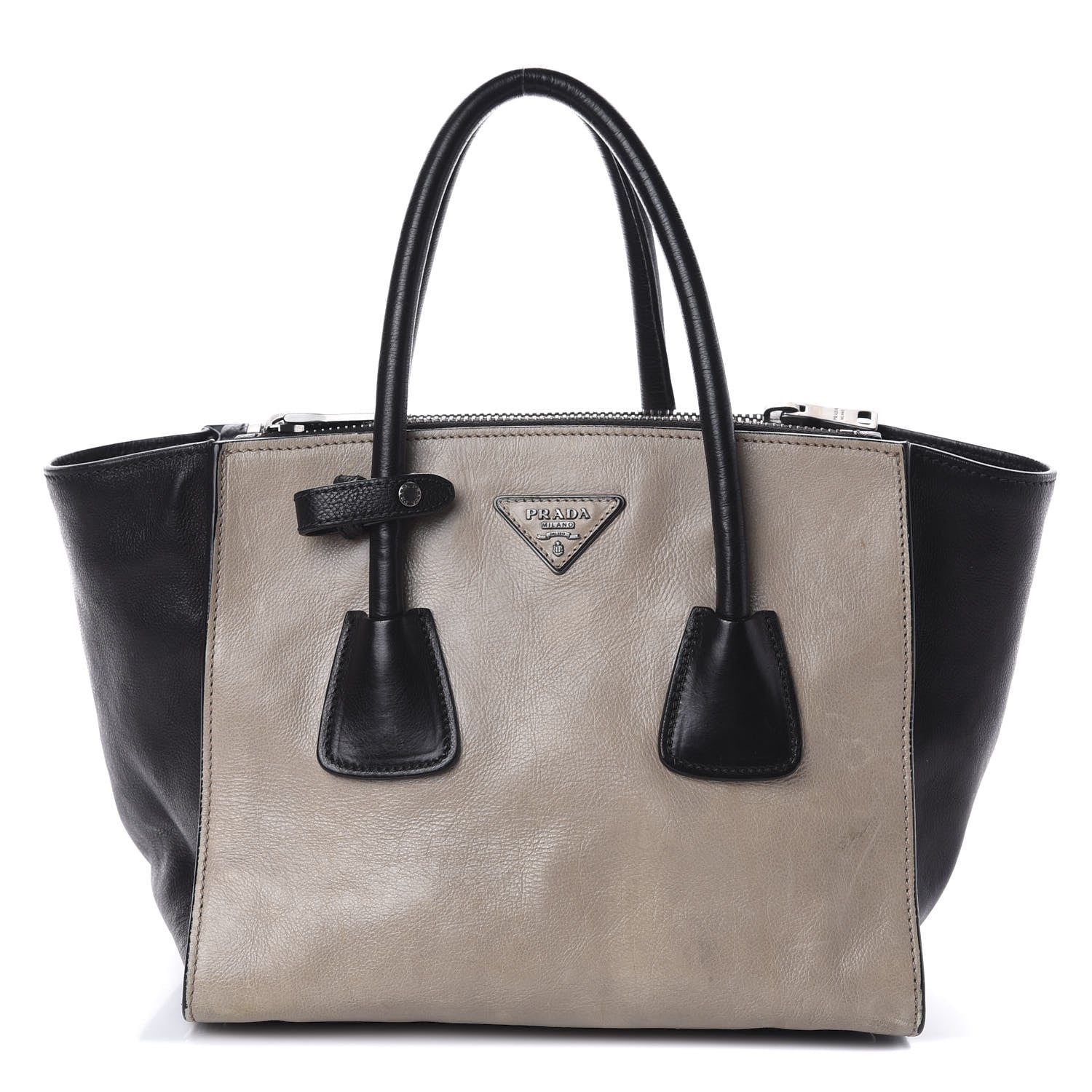 Prada Glace Calf Bi-Color Twin Pocket Tote Pomice Black 1 of 10