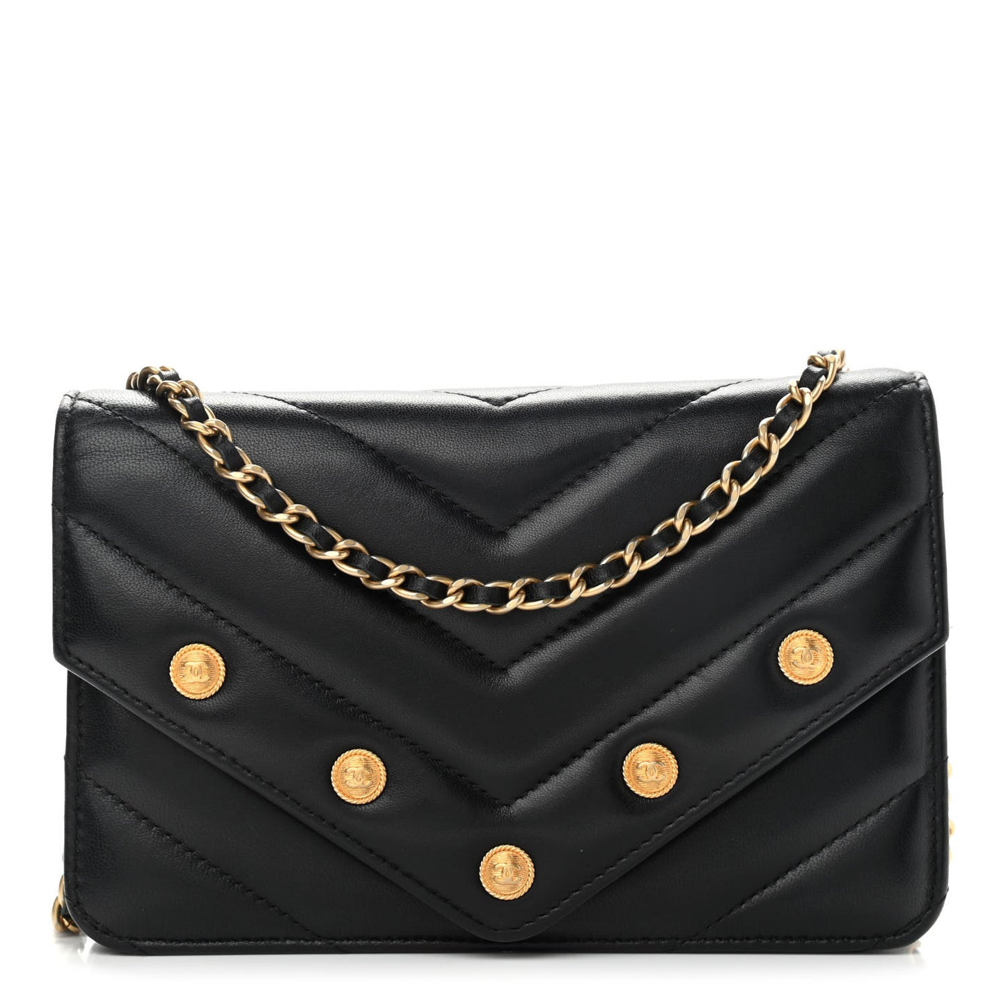 Lambskin Chevron Quilted Medallion Wallet On Chain WOC Black