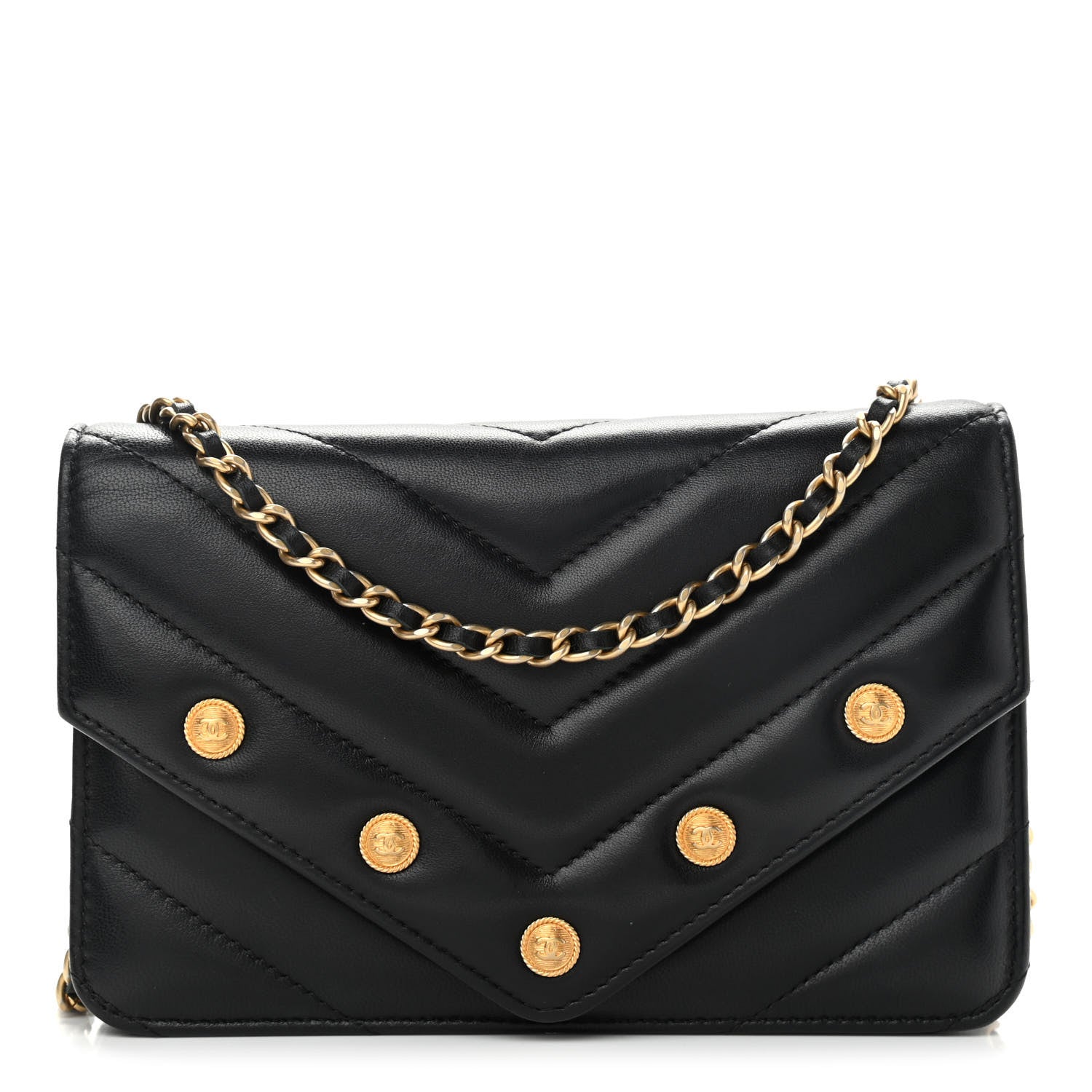 Chanel Lambskin Chevron Quilted Medallion Wallet On Chain WOC Black 1 of 14