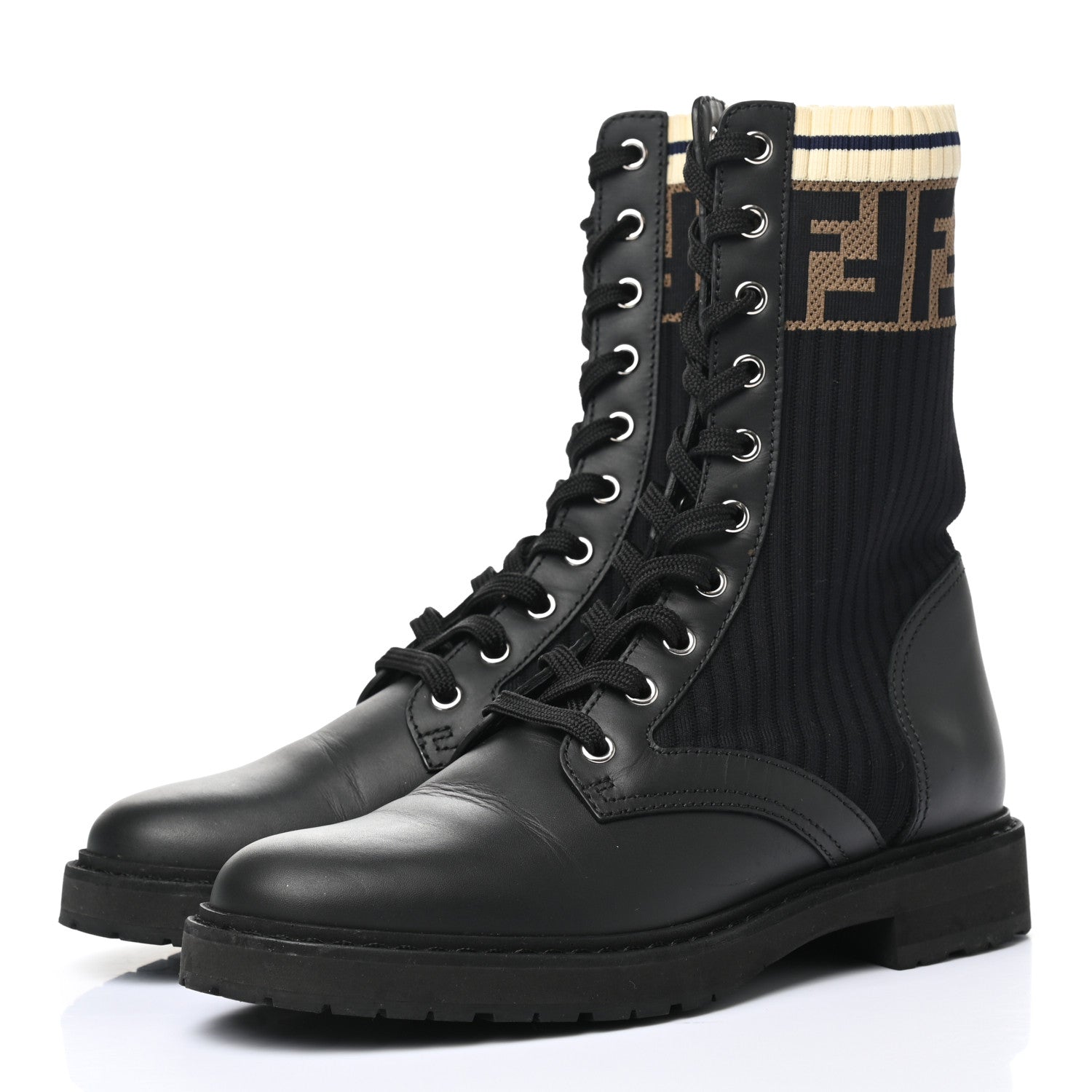 Fendi Calfskin Stretch Fabric Rockoko Biker Boots 37.5 Tobacco Black Marino 3 of 10