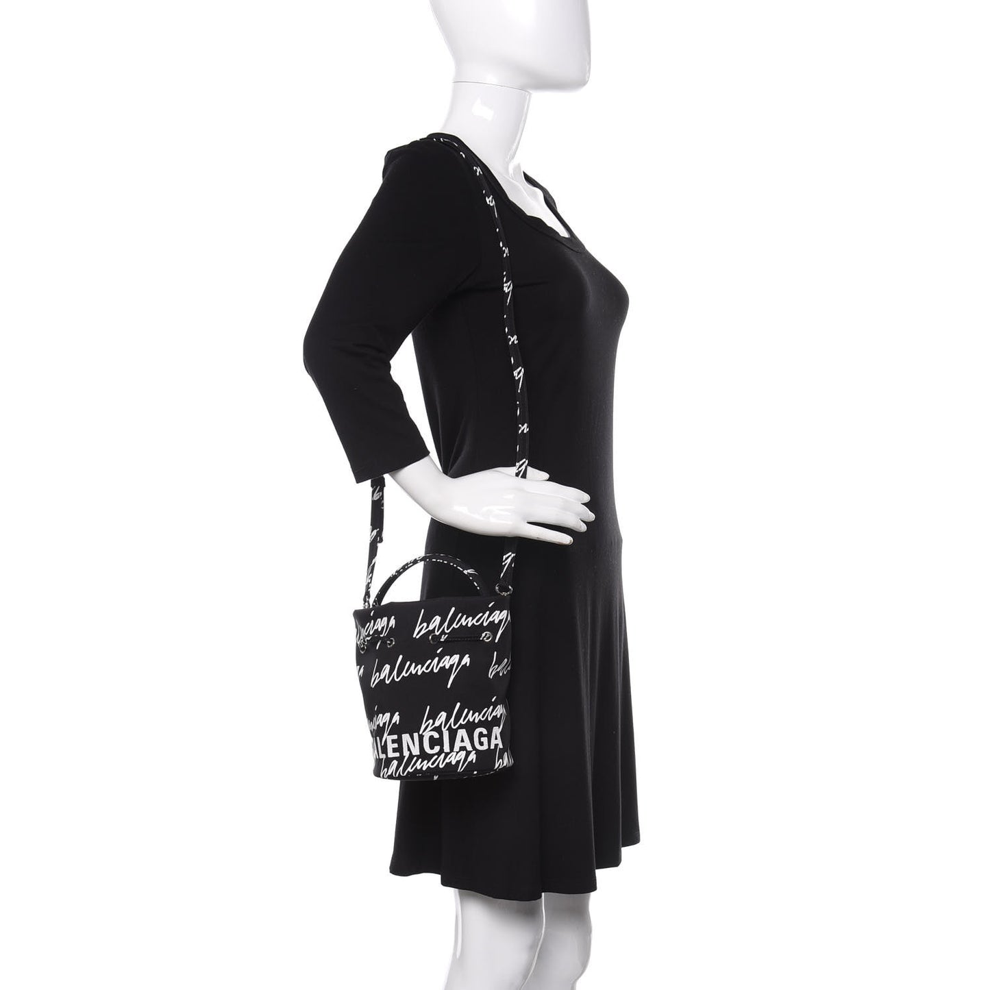 Recycled Sport Nylon Scribble Logo Embroidered Wheel Drawstring Bucket Bag XS Black White