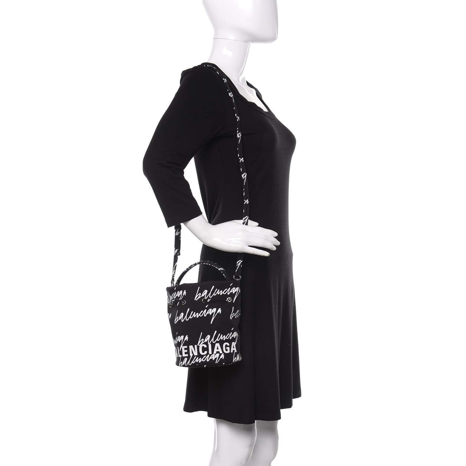 Balenciaga Recycled Sport Nylon Scribble Logo Embroidered Wheel Drawstring Bucket Bag XS Black White 2 of 11