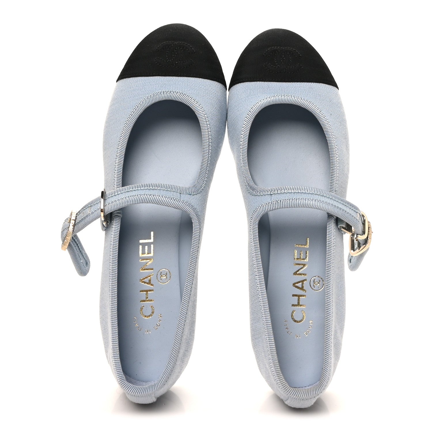 Chanel Fabric Grosgrain Mary Jane Flats 37 Light Blue Black 2 of 10