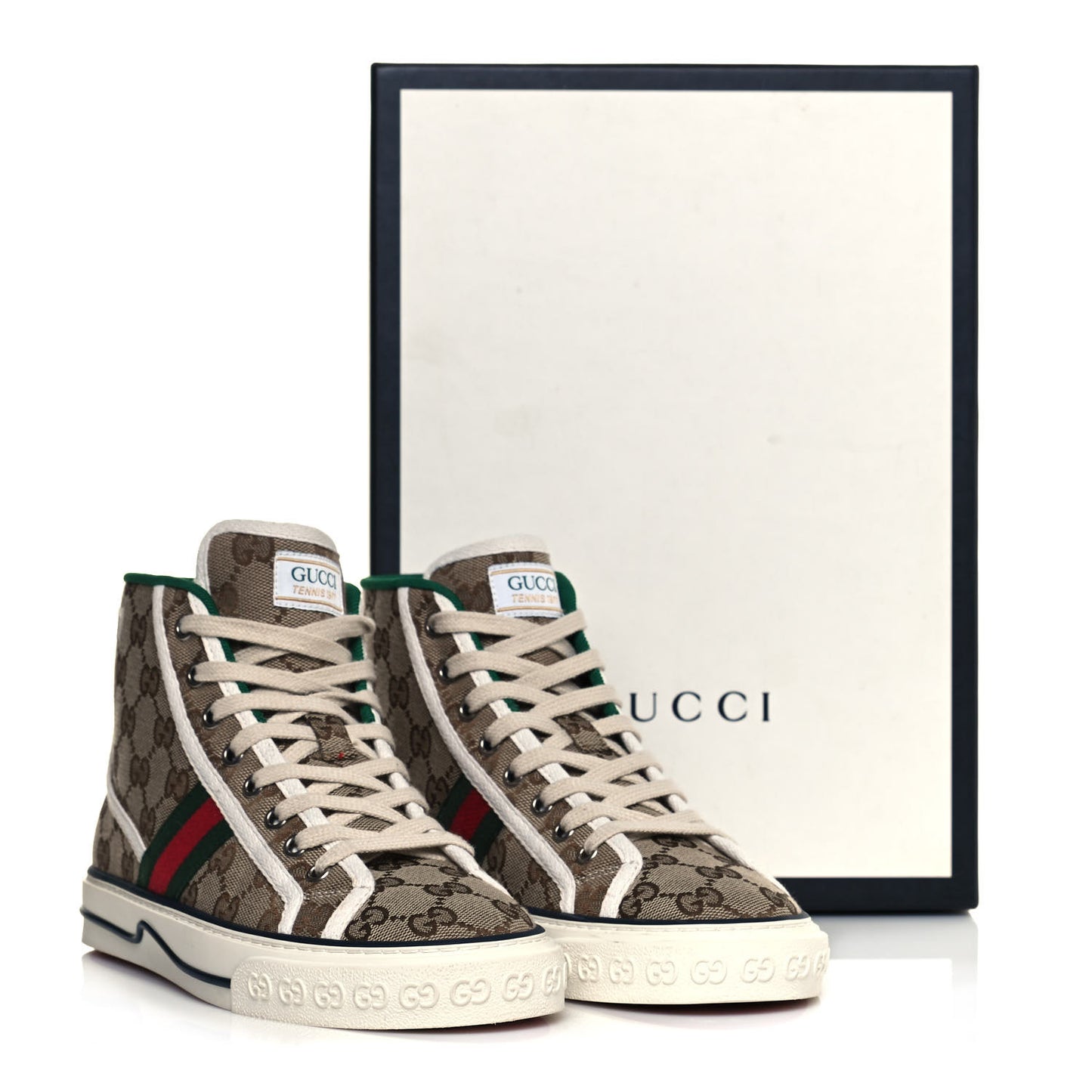 GG Monogram Web Womens 1977 Tennis High Top Sneakers 37 Beige Ebony Mystic White