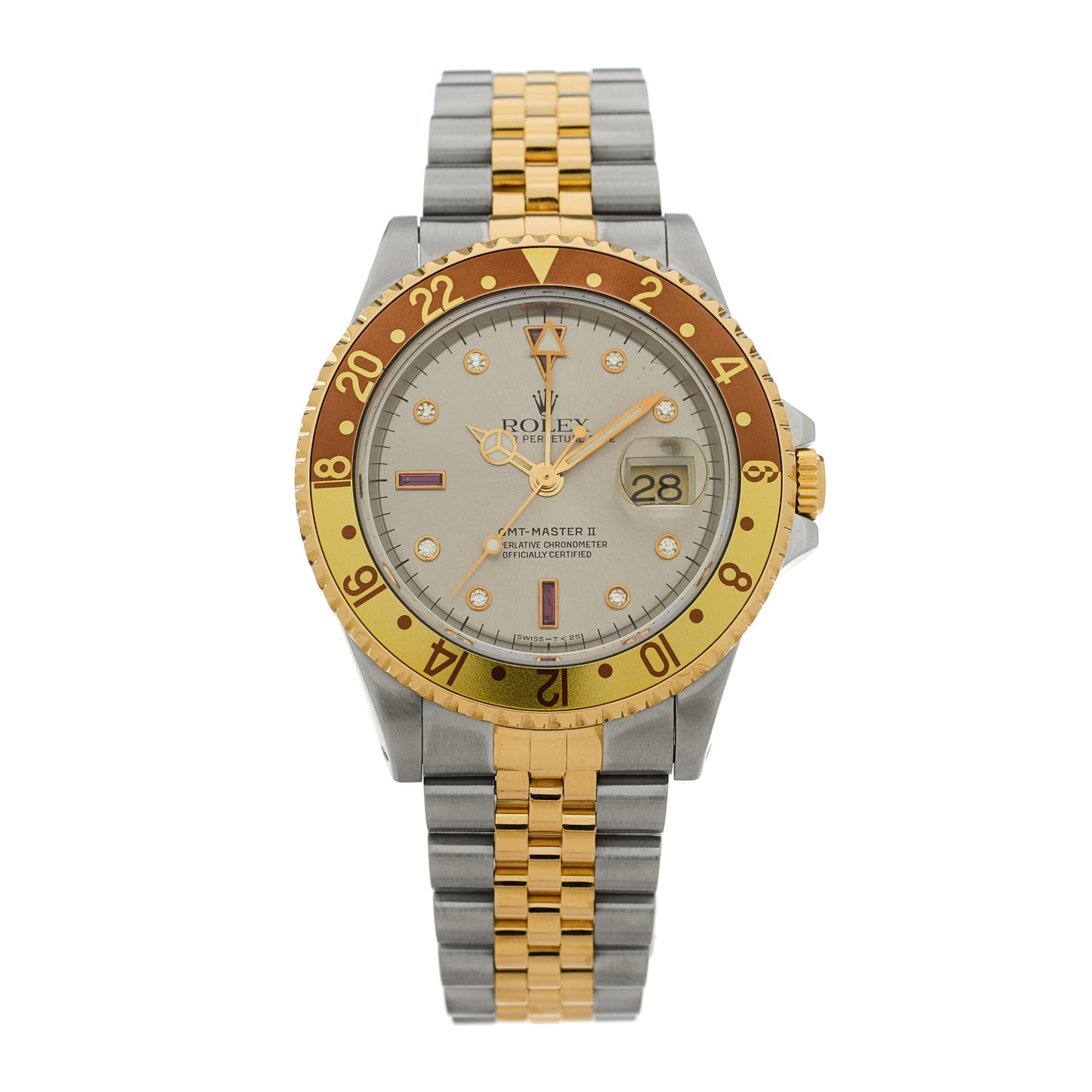 Stainless Steel 18K Yellow Gold Diamond Ruby 40mm GMT-Master II Oyster Perpetual Date Watch Root Beer 16713