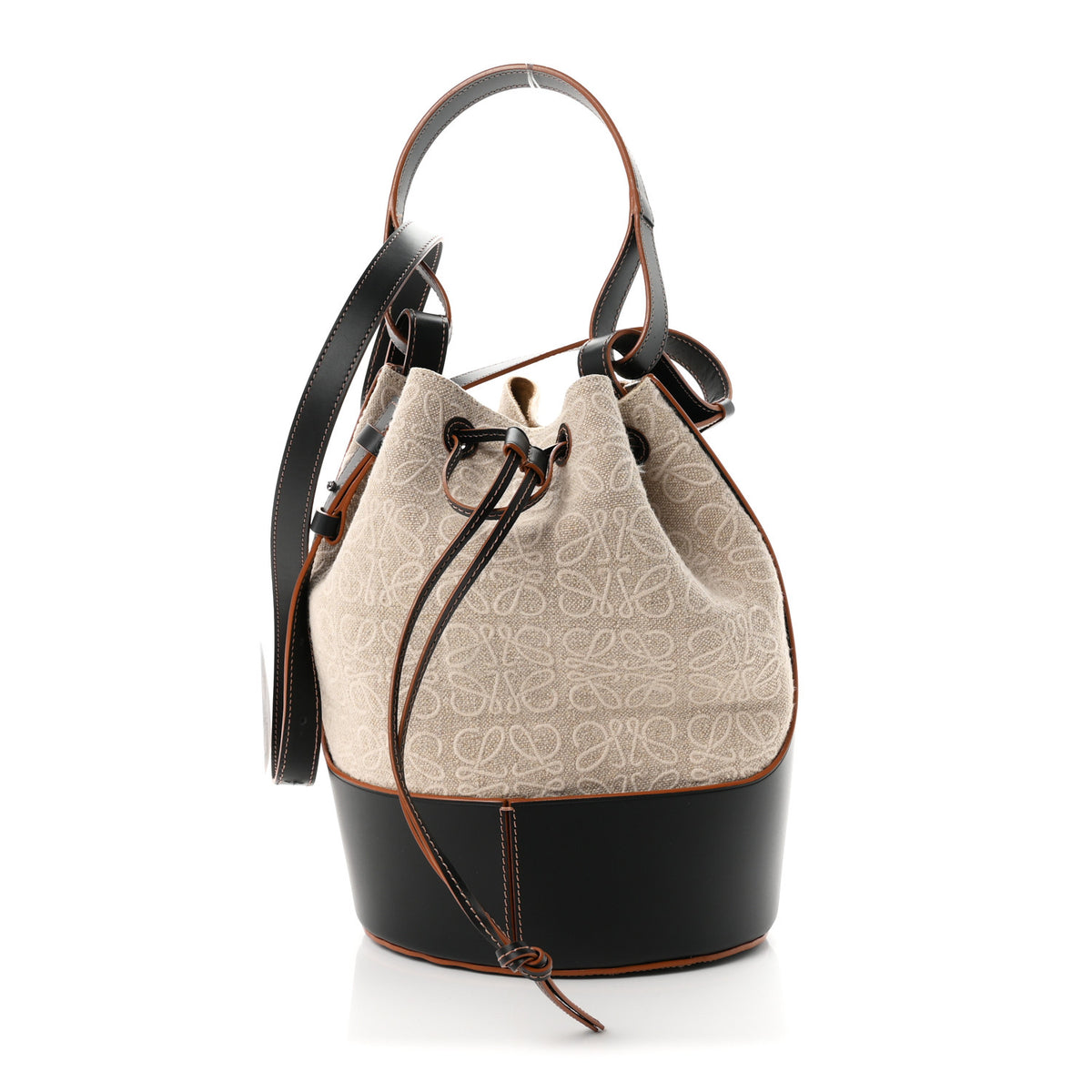 Loewe Calfskin Jacquard Linen Anagram Embroidered Balloon Bucket Bag Natural Black 1 of 9