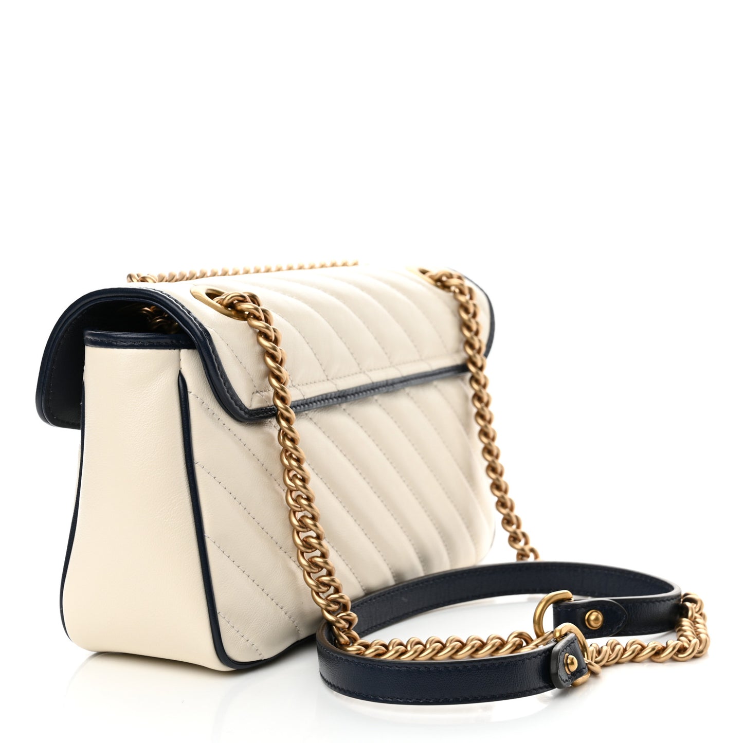 Vintage Effect Calfskin Matelasse Diagonal Small Torchon GG Marmont Shoulder Bag Mystic White Blue Agata