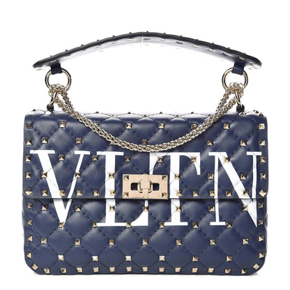 Valentino Garavani Nappa VLTN Print Medium Rockstud Spike Shoulder Bag Pure Blue White 1 of 8