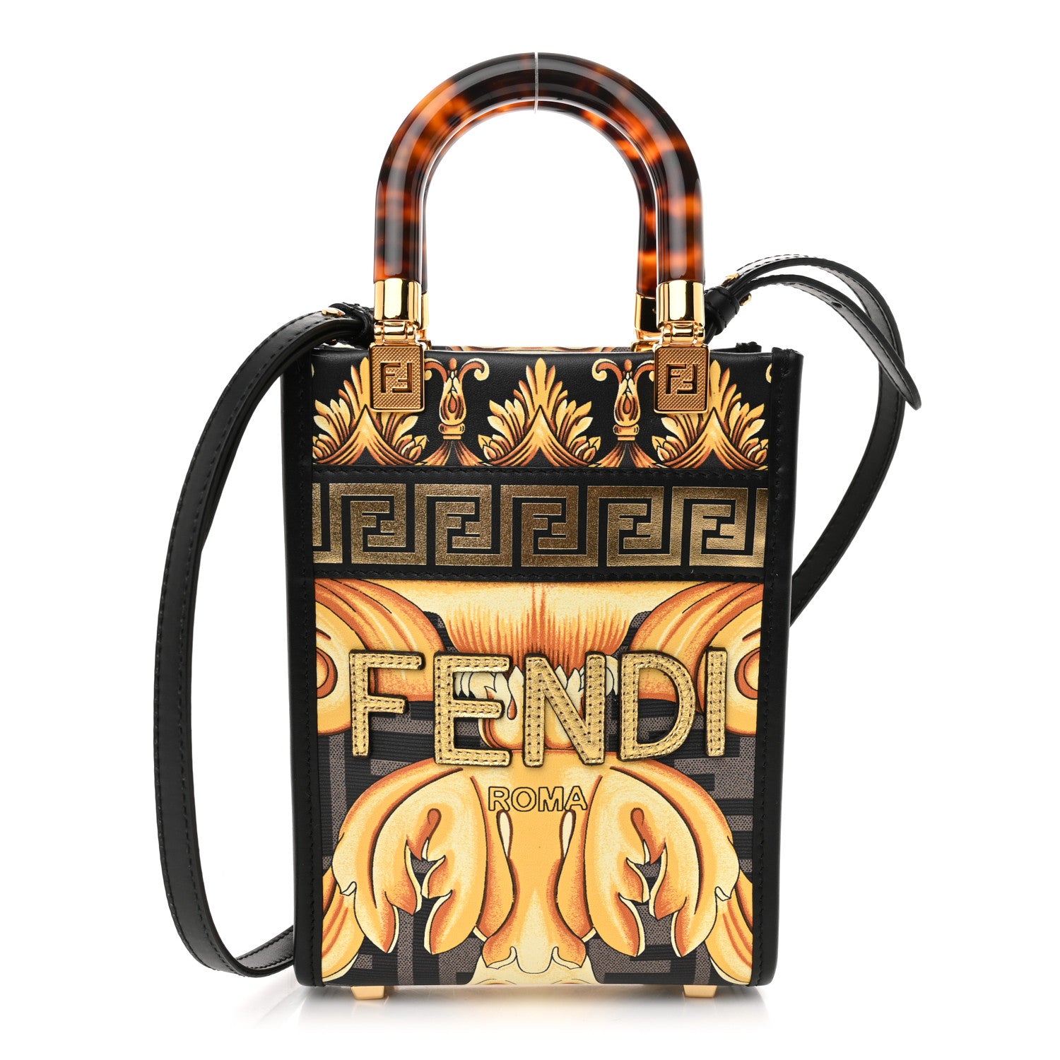 Fendi X VERSACE Vitello King Catalan Mirror Plexiglass Fendace FF Baroque Logo Mini Fendi Sunshine Shopper Tote Black Gold 1 of 11