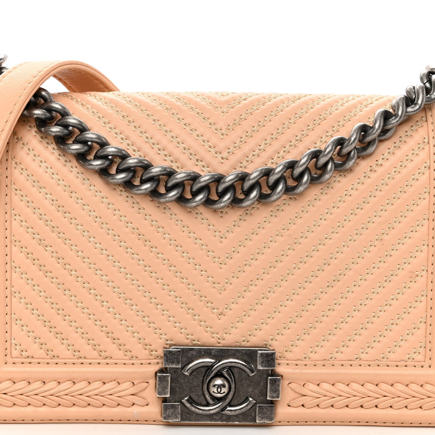 Calfskin Chevron Quilted Medium Braided Boy Flap Beige