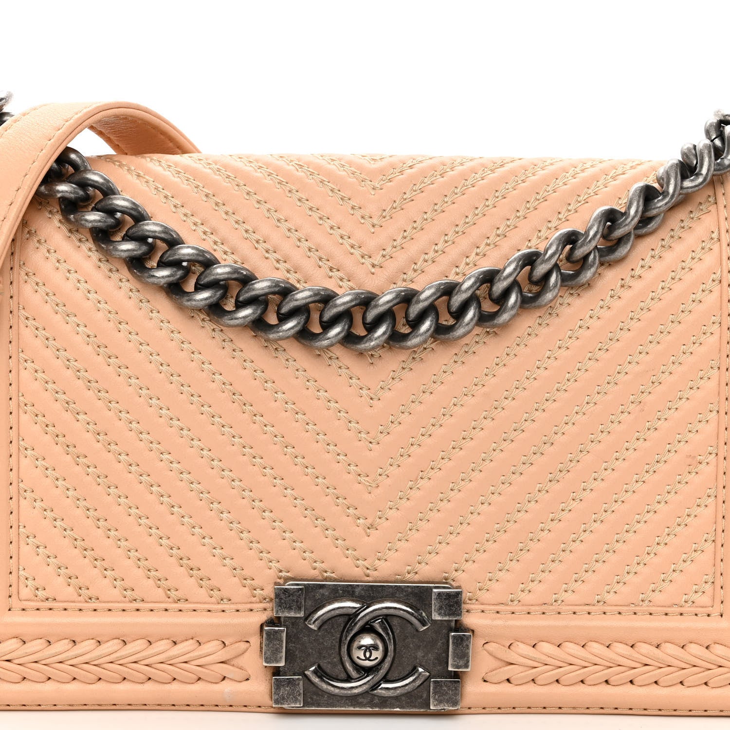 Chanel Calfskin Chevron Quilted Medium Braided Boy Flap Beige 8 of 14