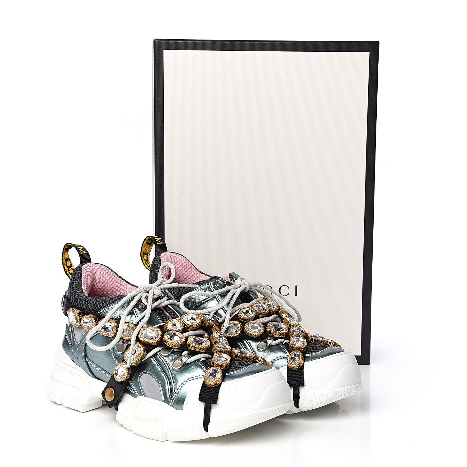 Gucci X SEGA Metallic Calfskin Removable Crystals Womens Flashtrek Sneakers 38 Lago Loess Silver 10 of 10