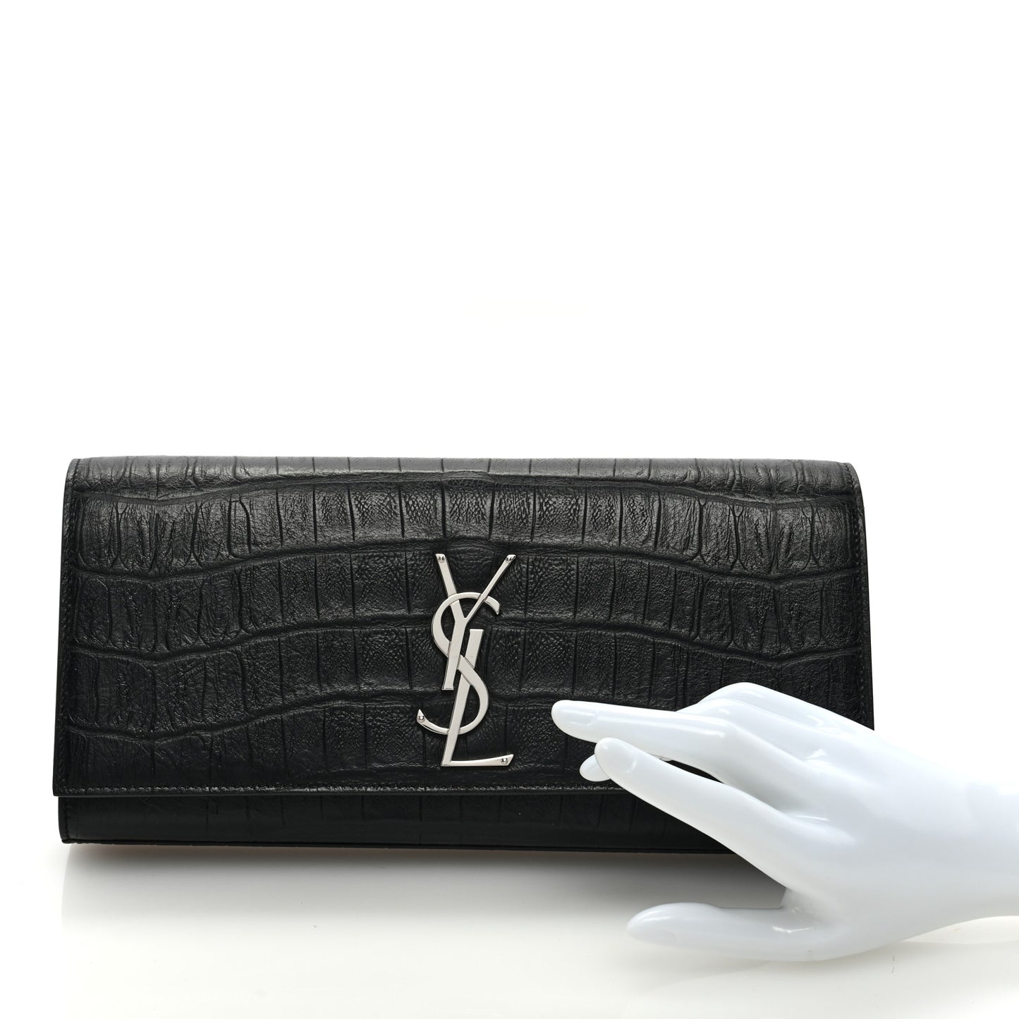 Calfskin Crocodile Embossed Classic Monogram Cassandre Clutch Black