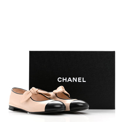 Chanel Lambskin Bow Mary Jane Flats 38 Beige Black 10 of 10