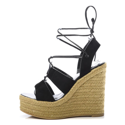 Saint Laurent Suede Espadrille Lace-Up Wedges 37 Black 1 of 8