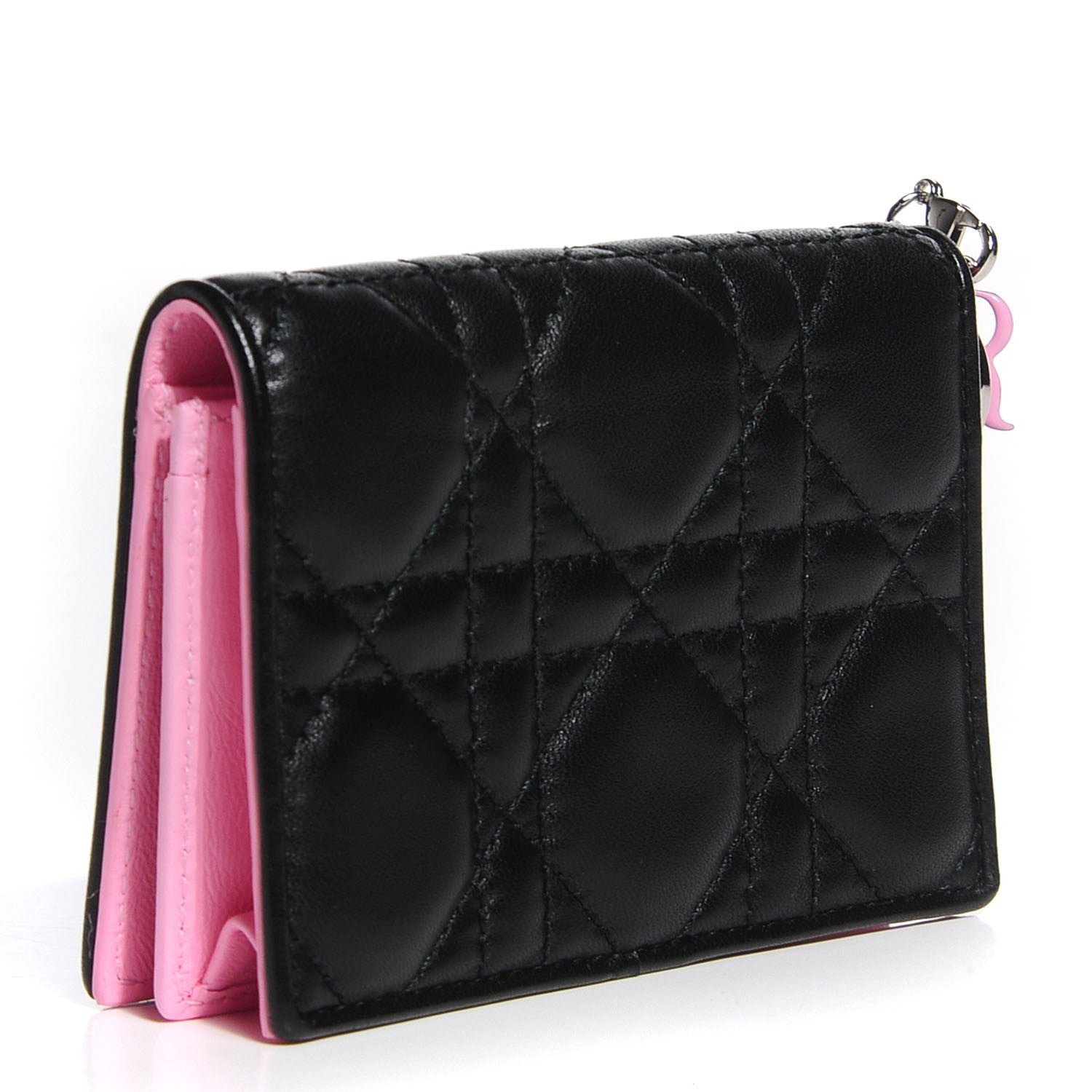 Christian Dior Lambskin Cannage Bi-Color Small Lady Dior Flap Card Holder Black Pink 3 of 9