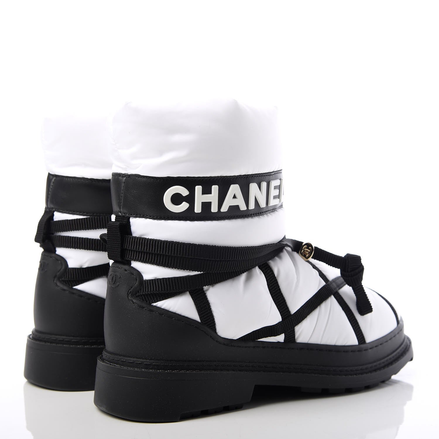 Chanel Calfskin Nylon Grosgrain CC Ankle Snow Boots 37.5 White Black 4 of 11