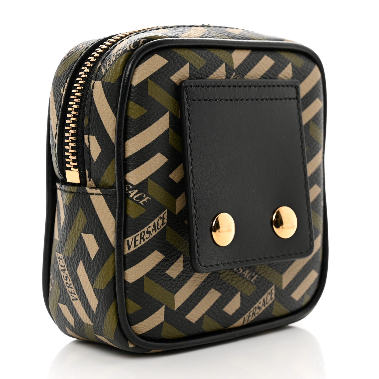 Coated Canvas Calfskin La Greca Square Zip Pouch Black Khaki