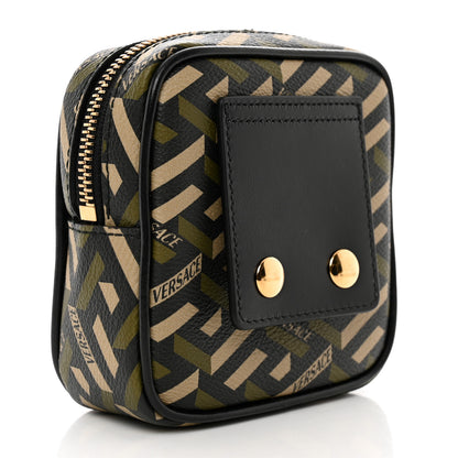 Versace Coated Canvas Calfskin La Greca Square Zip Pouch Black Khaki 2 of 6