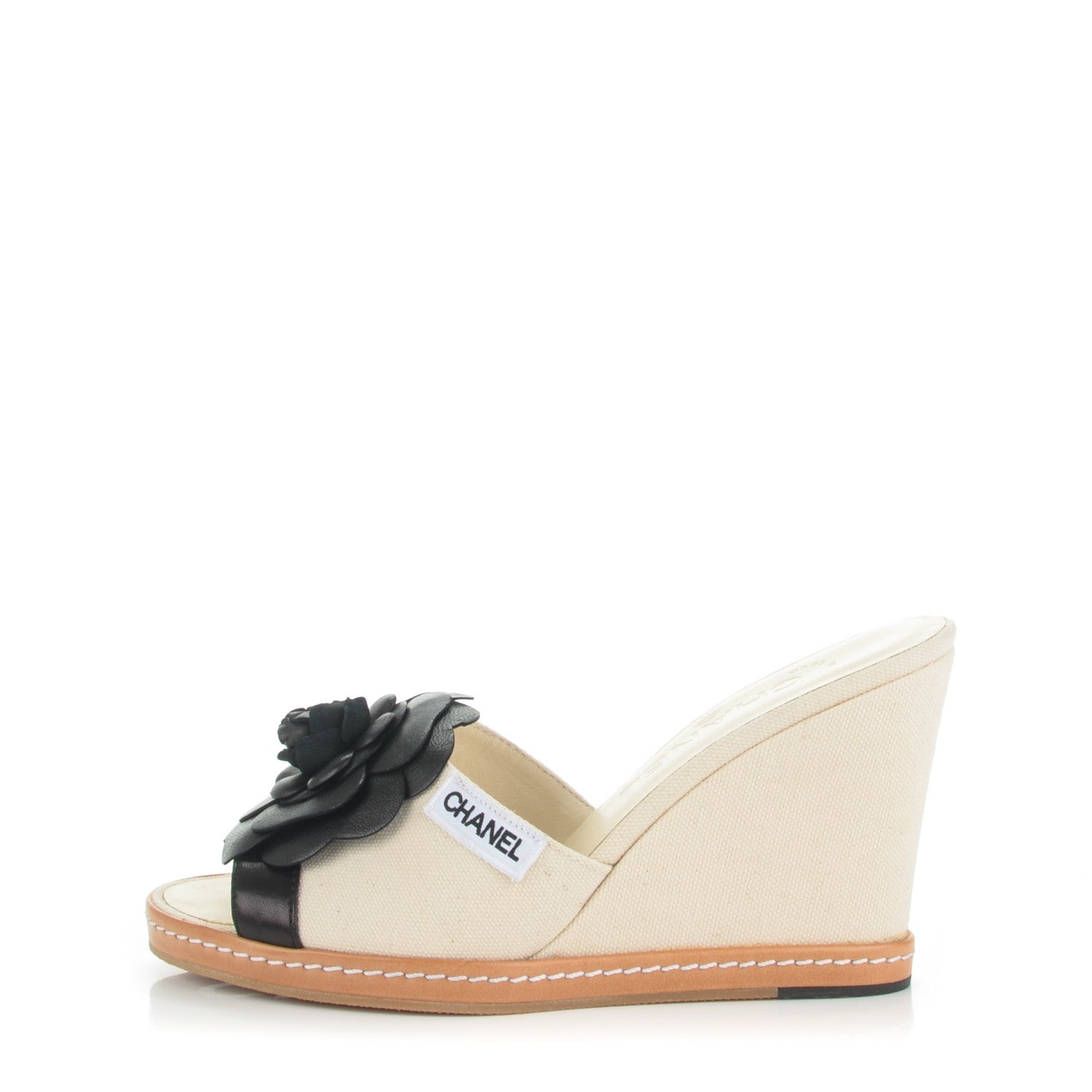 Chanel Canvas Camellia Wedge Sandals 36.5 Off White Black 1 of 8