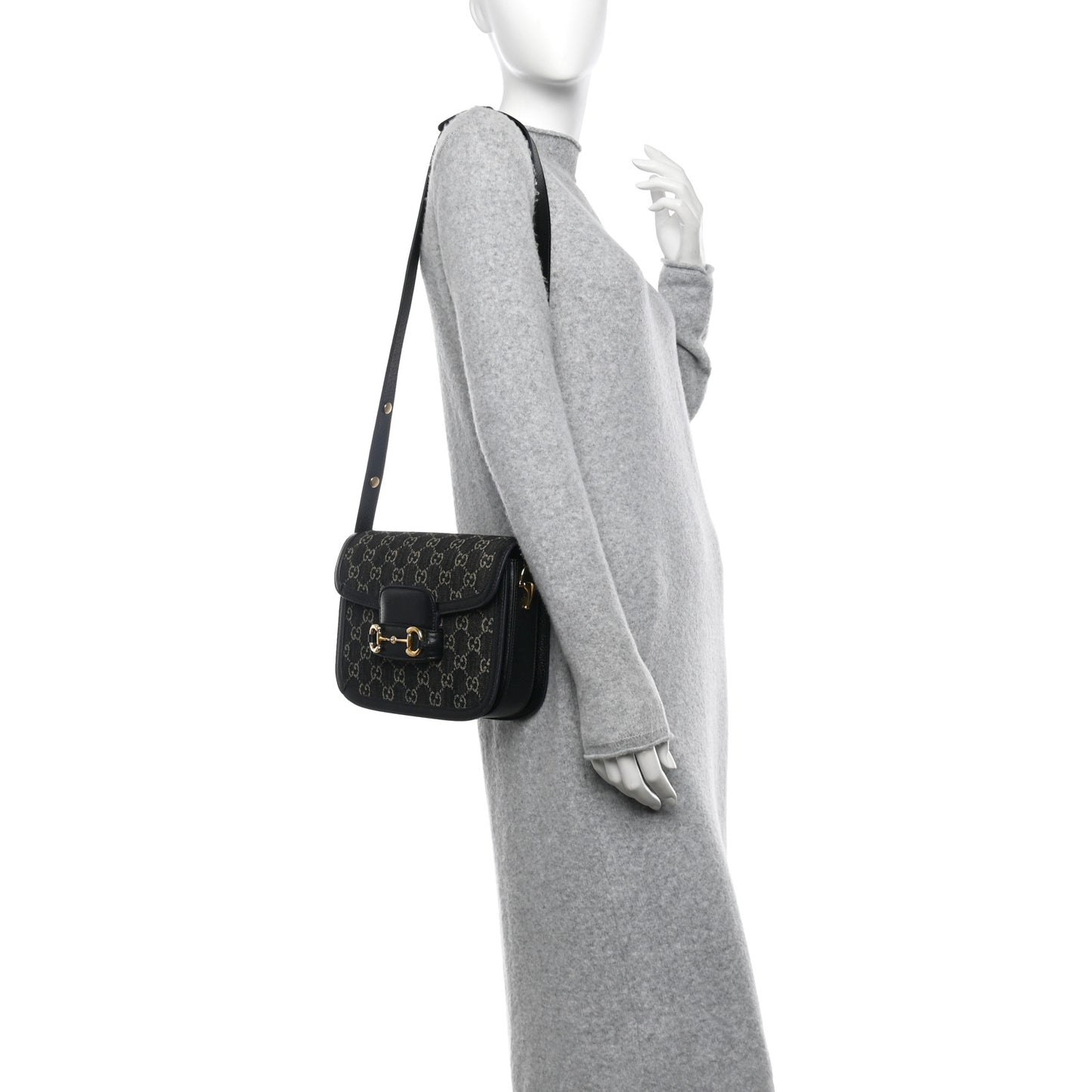 Jacquard Black Denim GG Monogram Textured Dollar Calfskin Horsebit 1955 Shoulder Bag Black Ivory