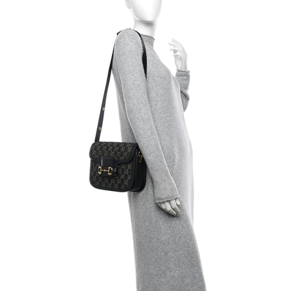 Gucci Jacquard Black Denim GG Monogram Textured Dollar Calfskin Horsebit 1955 Shoulder Bag Black Ivory 2 of 12