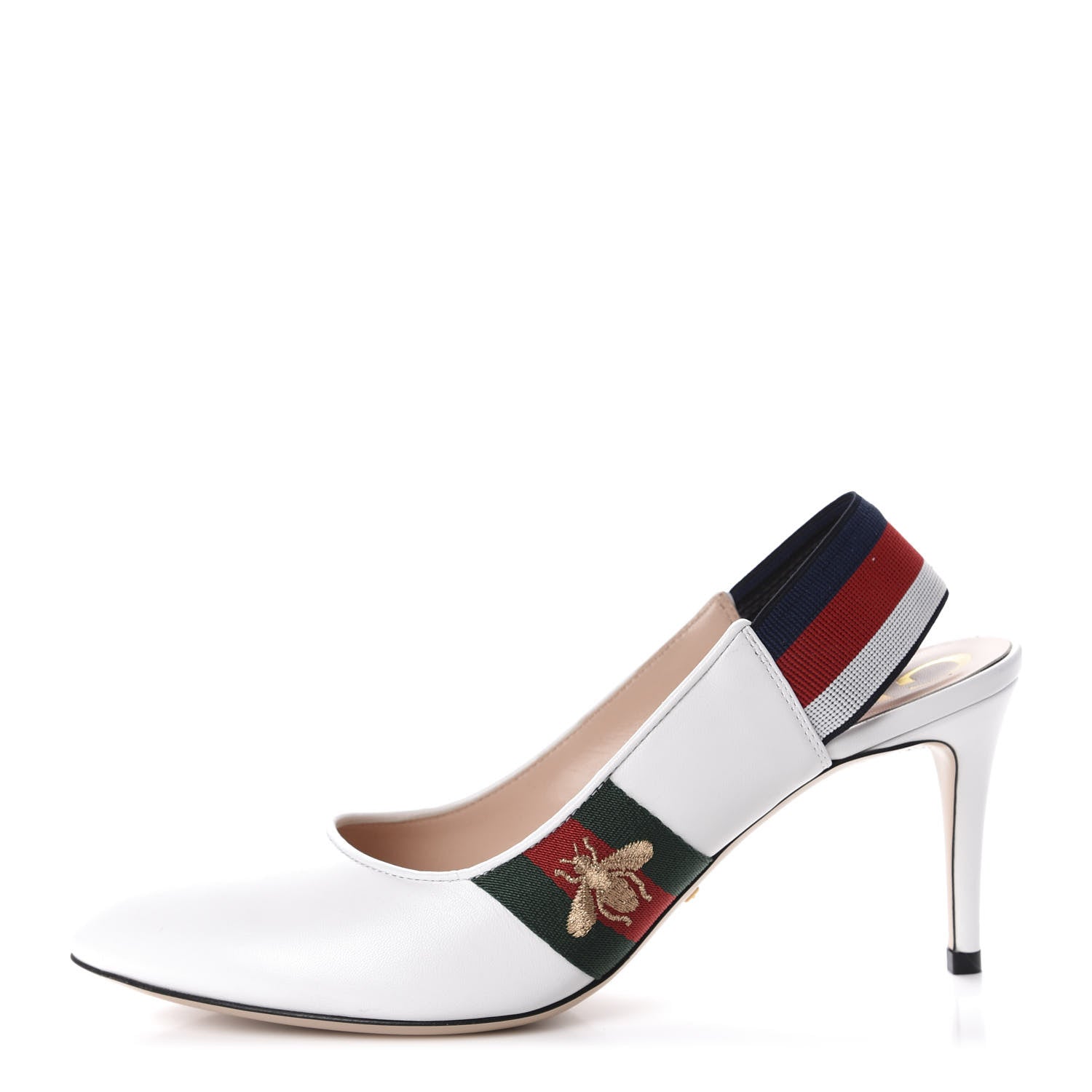 Gucci Malaga Kid Web Sylvie Mid Heel Slingback Pumps 38.5 White 1 of 10