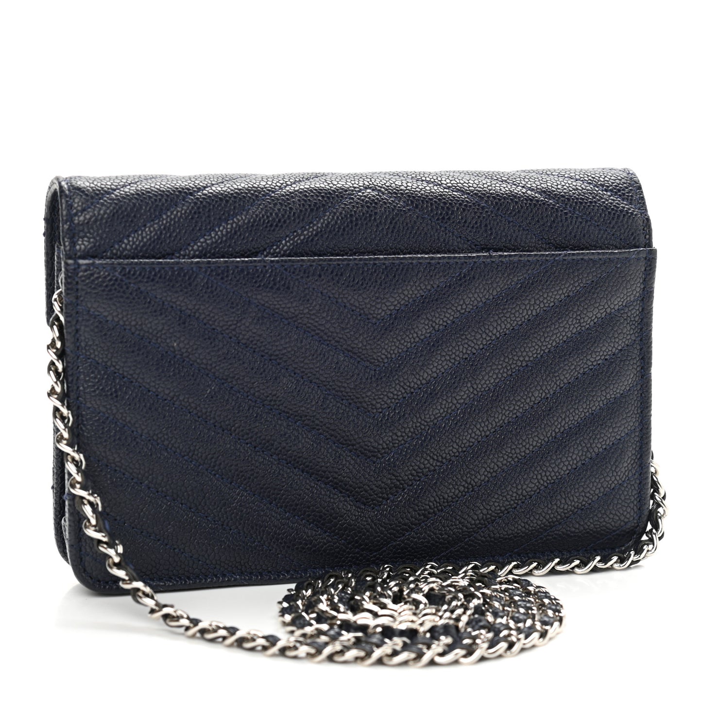 Caviar Chevron Quilted Statement Wallet On Chain WOC Navy