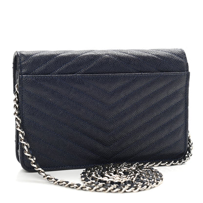 Chanel Caviar Chevron Quilted Statement Wallet On Chain WOC Navy 3 of 12