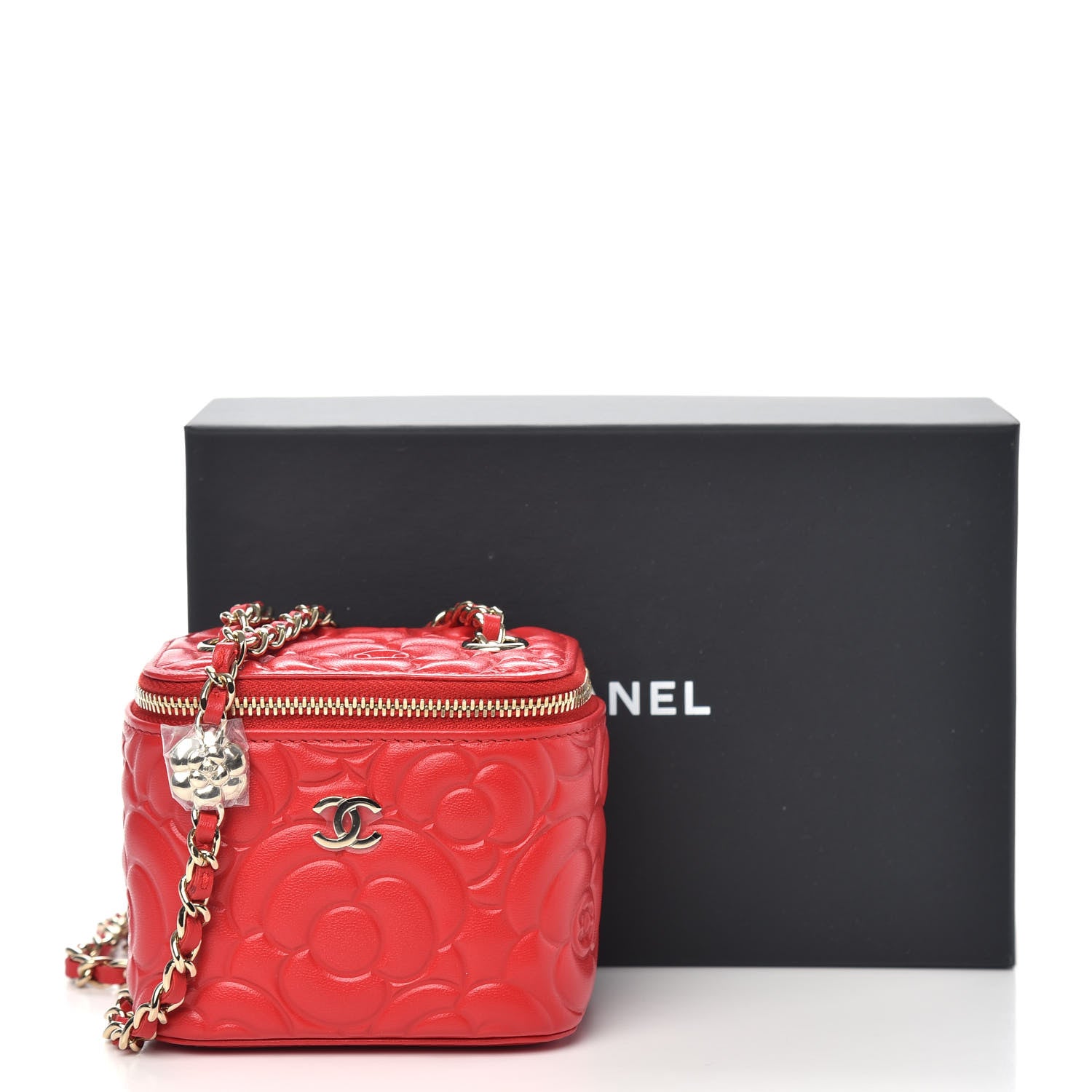 Chanel Lambskin Camellia Embossed Mini Vanity Case With Chain Red 10 of 10