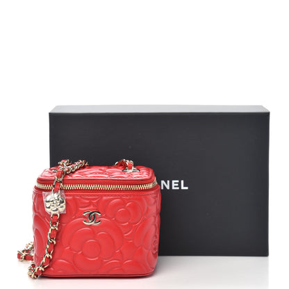 Chanel Lambskin Camellia Embossed Mini Vanity Case With Chain Red 10 of 10