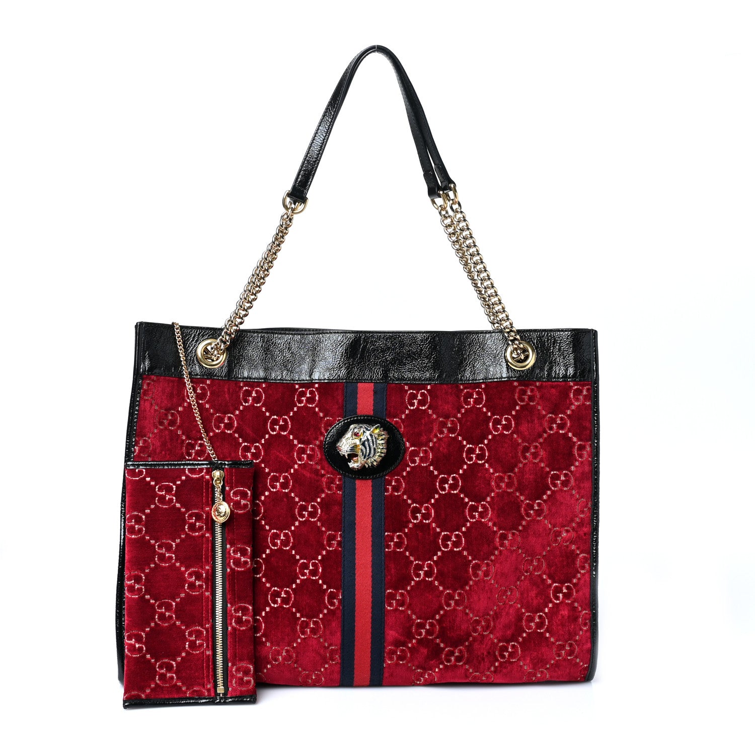 Gucci Velvet GG Monogram Large Rajah Chain Tote Red Cipria Black 1 of 11