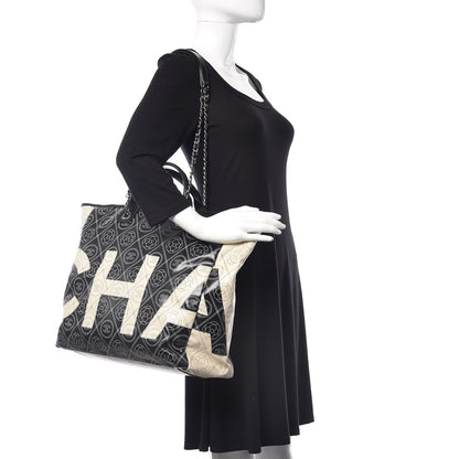 Chanel Coated Canvas Camellia Medium Shopping Tote Black Beige 2 of 10