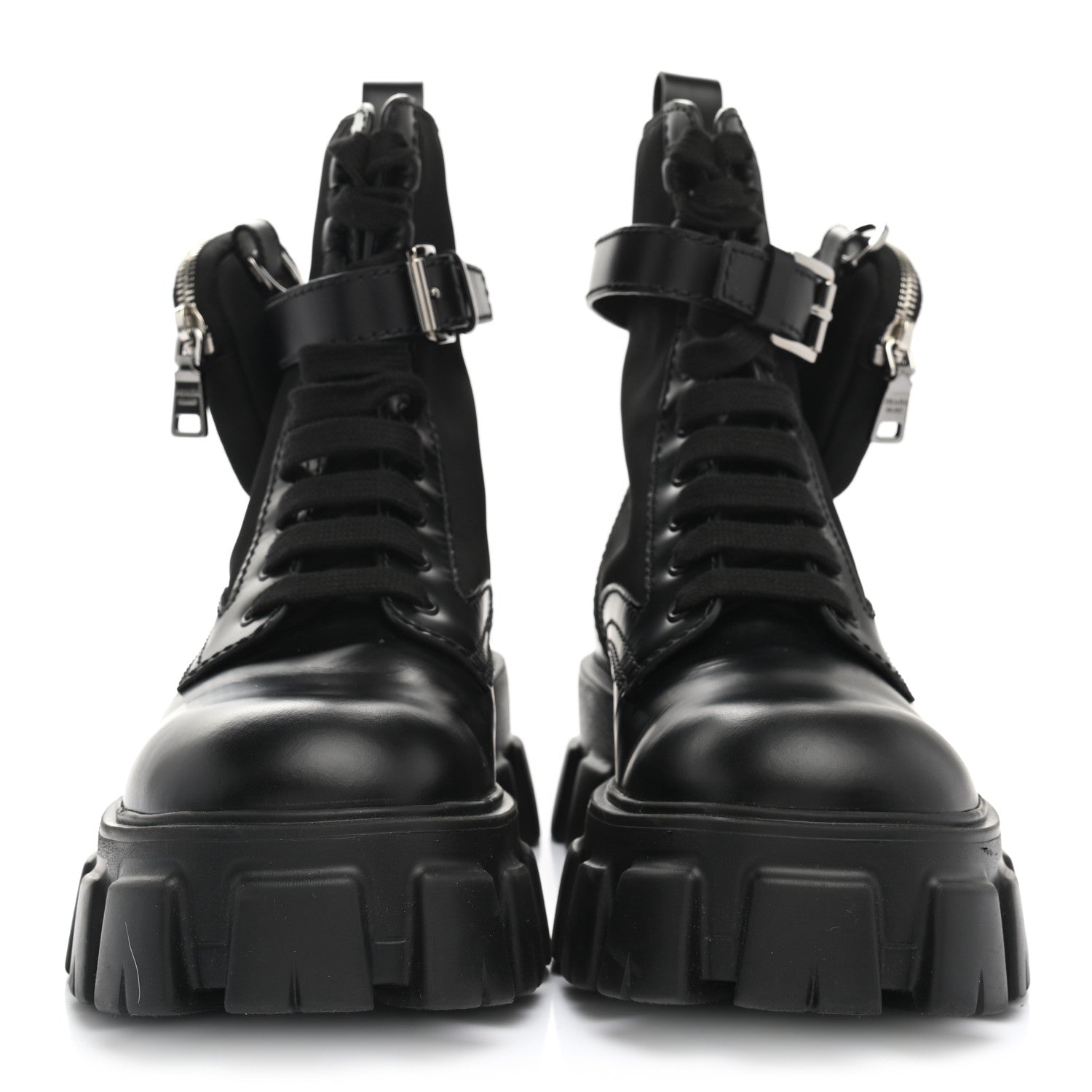 Prada Spazzolato Rois Re-Nylon Metal Triangle Logo Mens Monolith Pouch Pocket 60mm Combat Boots 7 Black 2 of 13