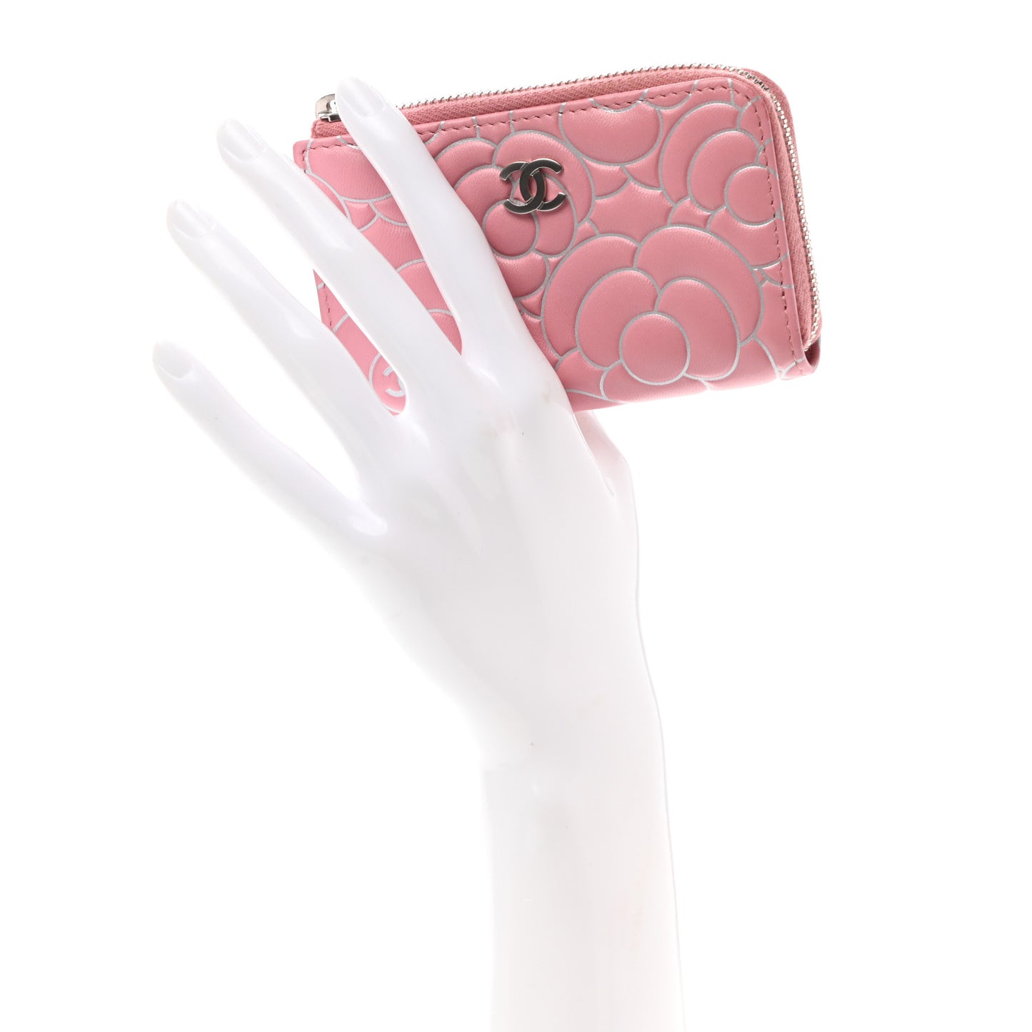 Lambskin Camellia Embossed Key Holder Case Pink
