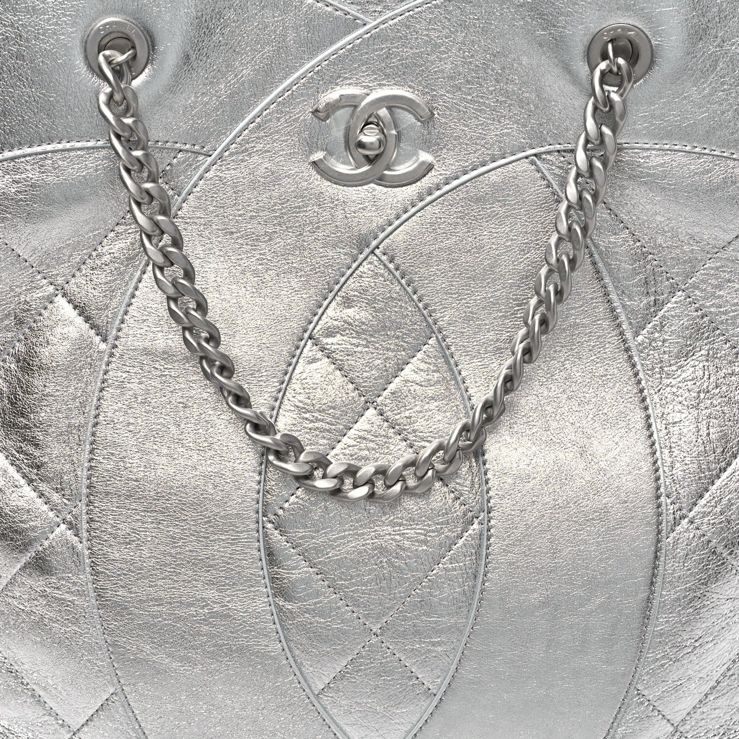 Metallic Calfskin Stitched CC Shopper Tote Silvery