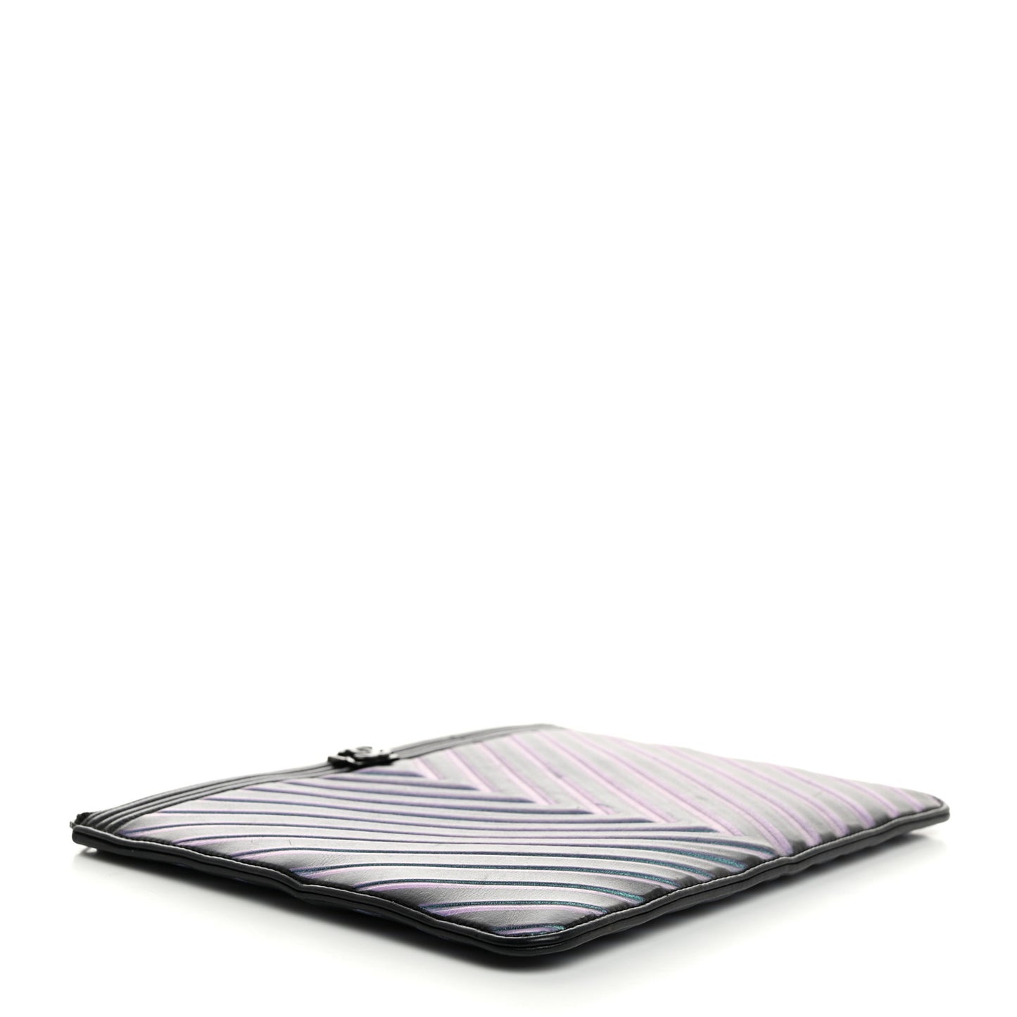 Calfskin Painted Chevron Embossed Large Boy Zip Pouch Black