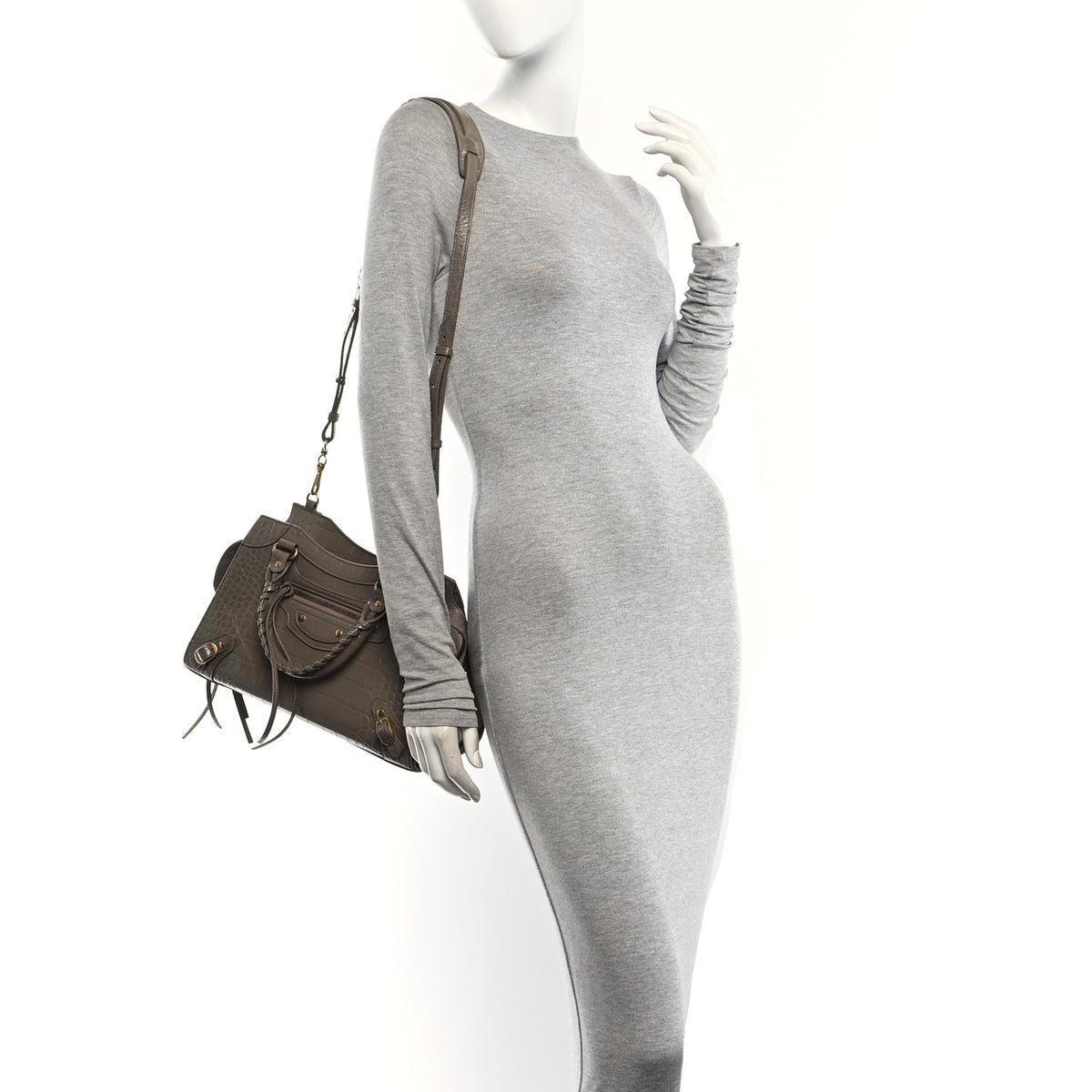 Shiny Supple Calfskin Crocodile Embossed Neo Classic Gold Hardware S City Mink Grey