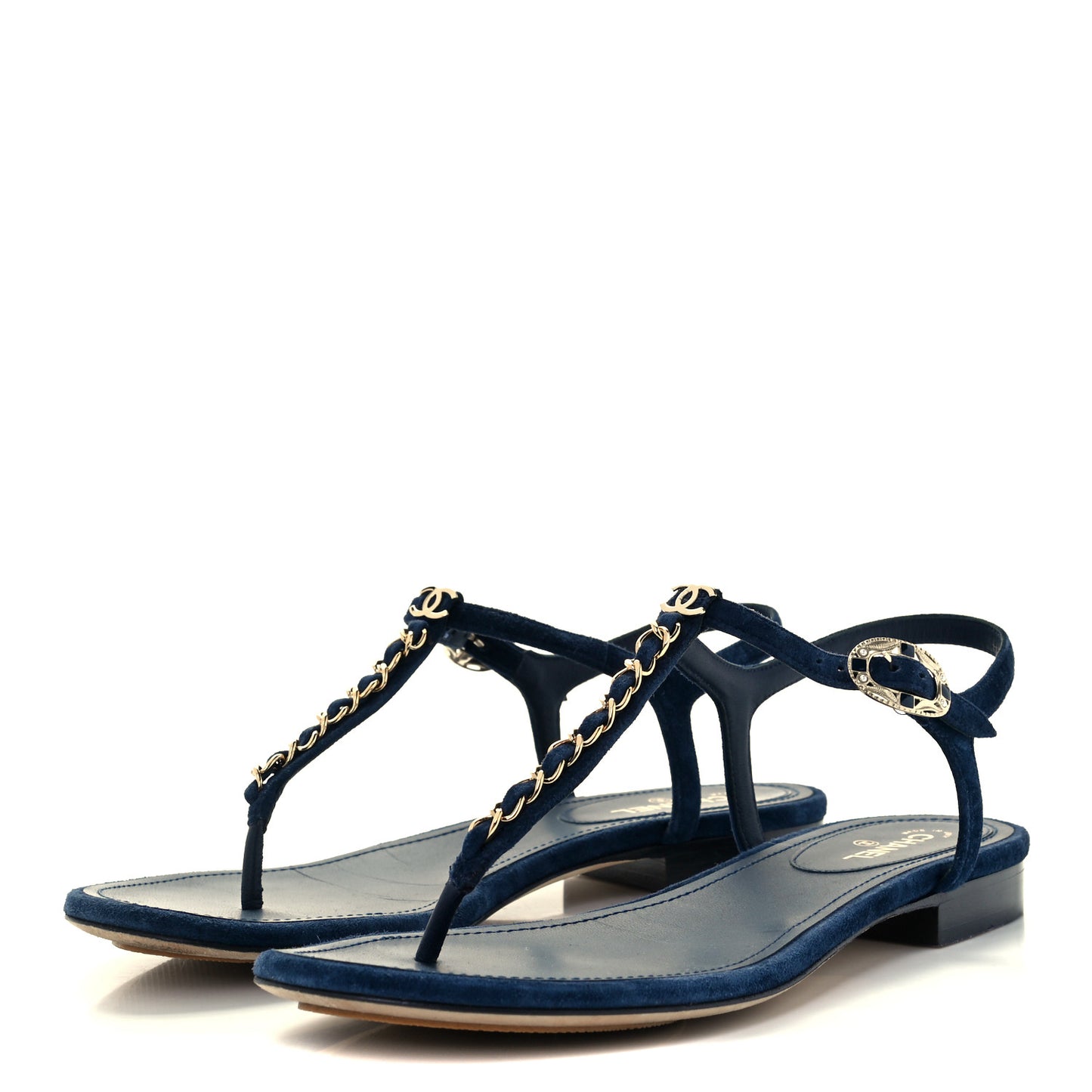 Suede Calfskin Thong Sandals 38 Navy Blue
