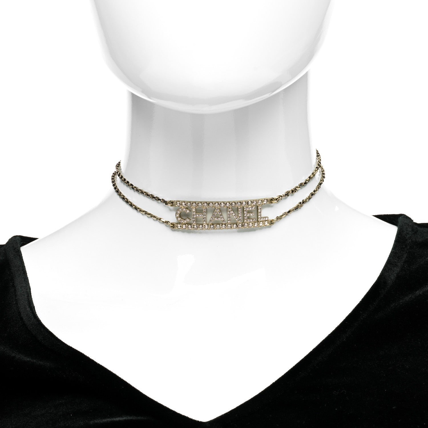 Chanel Metal Crystal Logo Choker Necklace Gold 2 of 5