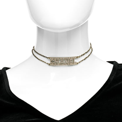 Chanel Metal Crystal Logo Choker Necklace Gold 2 of 5