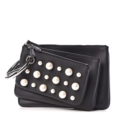 Fendi Calfskin Pearl F is Embellished Triplette Pouch Set Black 1 of 9