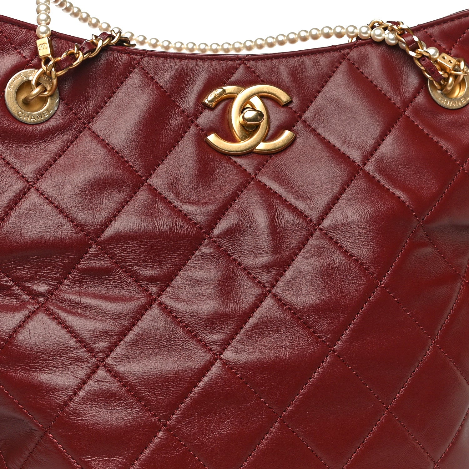 Chanel Calfskin Quilted Crystal Pearls Fold Over Shopping Tote Burgundy 12 of 14