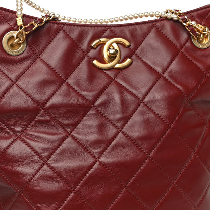 Chanel Calfskin Quilted Crystal Pearls Fold Over Shopping Tote Burgundy 12 of 14