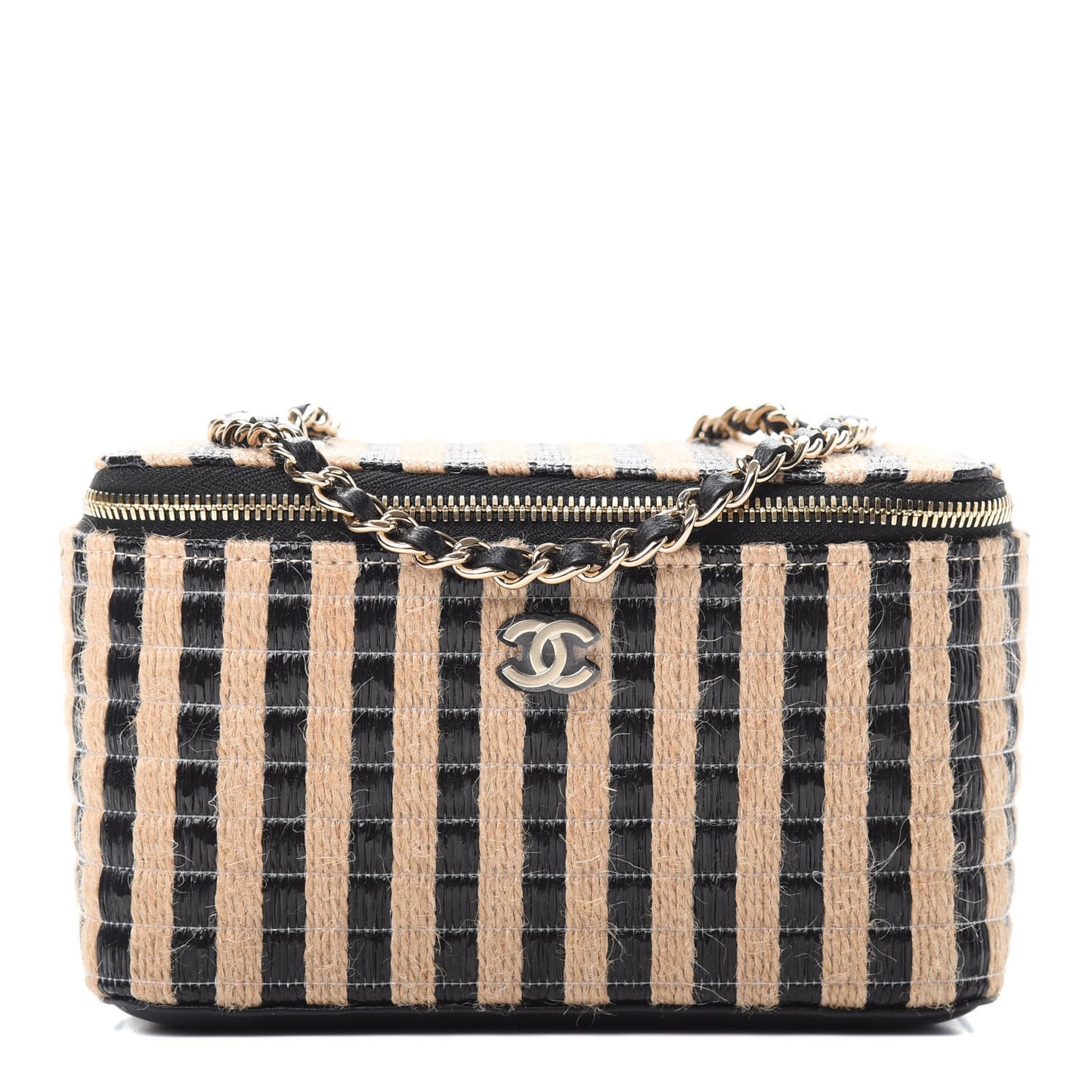 Raffia Jute Striped Small Vanity Case With Chain Black Beige