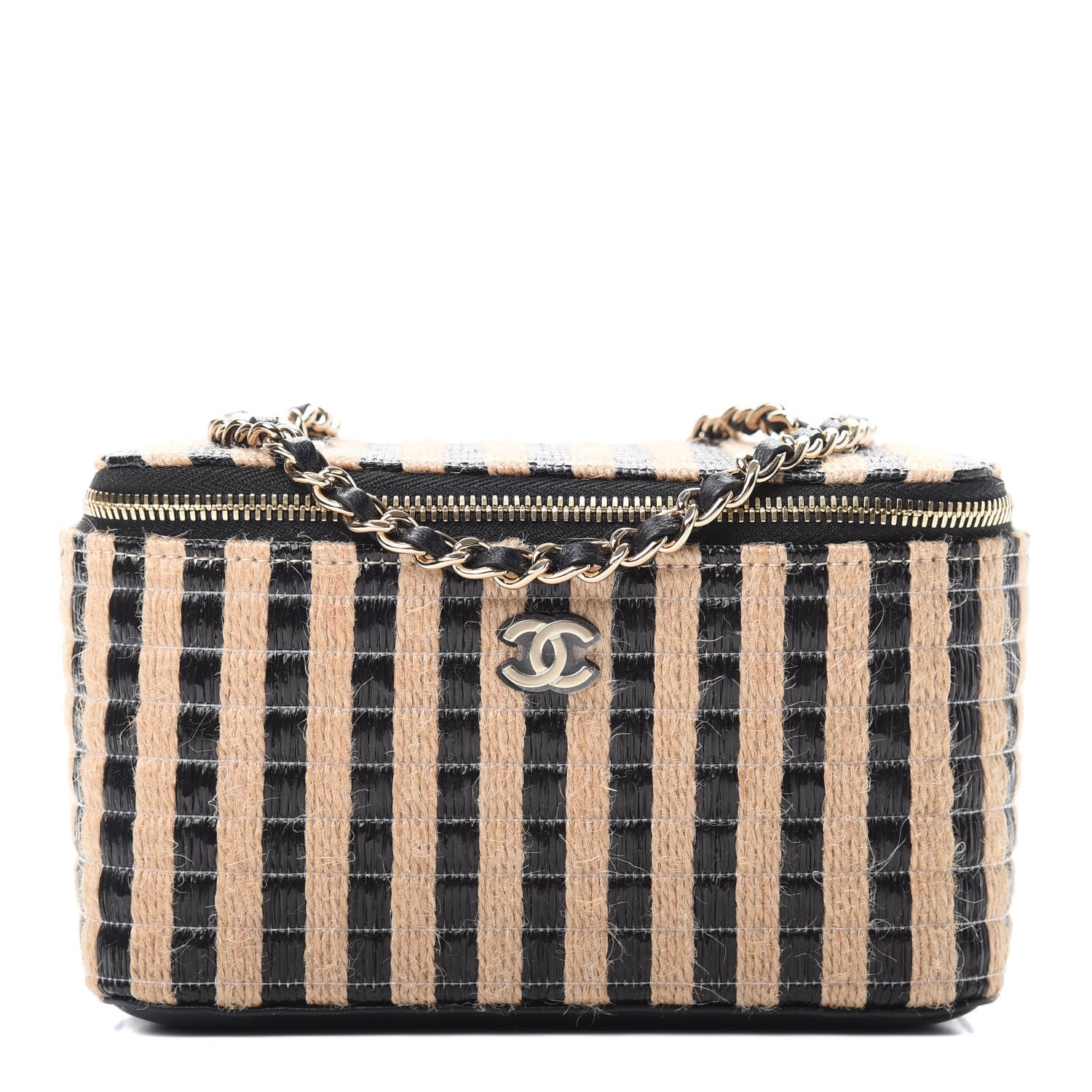 Chanel Raffia Jute Striped Small Vanity Case With Chain Black Beige 1 of 11